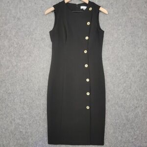 Calvin Klein Dress Womens 4 Black Sleeveless Asymmetrical Button Sheath Career